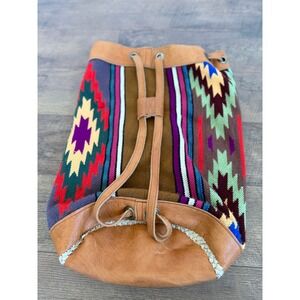 Vintage Handmade Ecuador Kilim Leather Drawstring Backpack